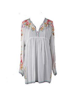 Johnny Was Top Sz M White Multi Colored V Neck Embroidered 100% Cupra Rayon Top